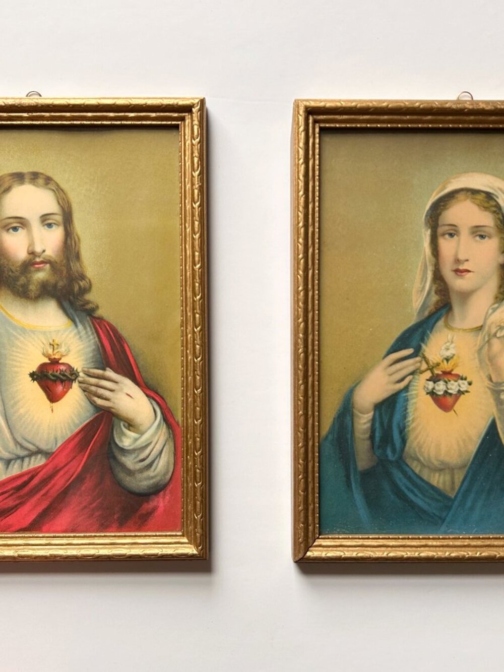 Antique C1930s Jesus & Mary Sacred Heart Lithographs